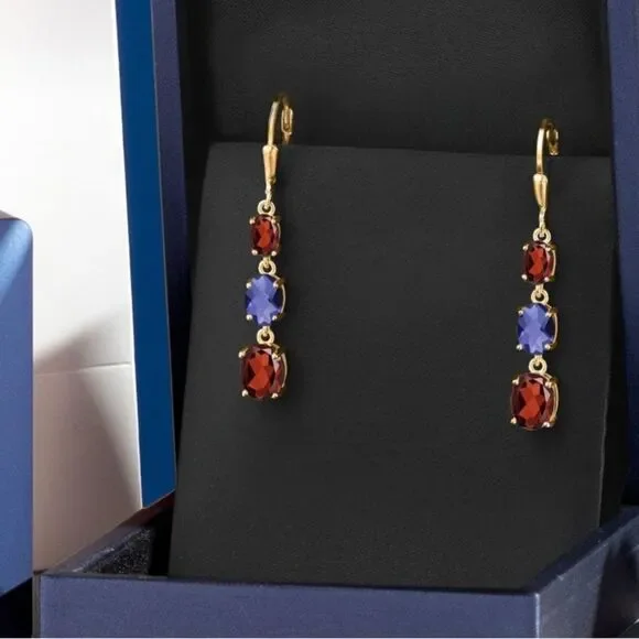 18K Yellow Gold with 5.44 Cttw 3 Stone Garnet and Blue Iolite Leverback Earrings